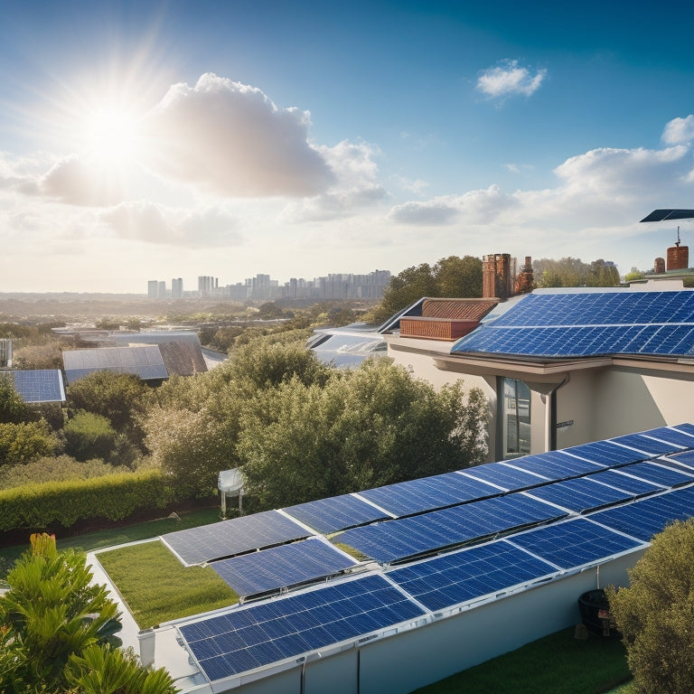 A serene residential rooftop with multiple solar panel installations, showcasing different sizes, shapes, and angles, amidst lush greenery and a bright blue sky with a few wispy clouds.