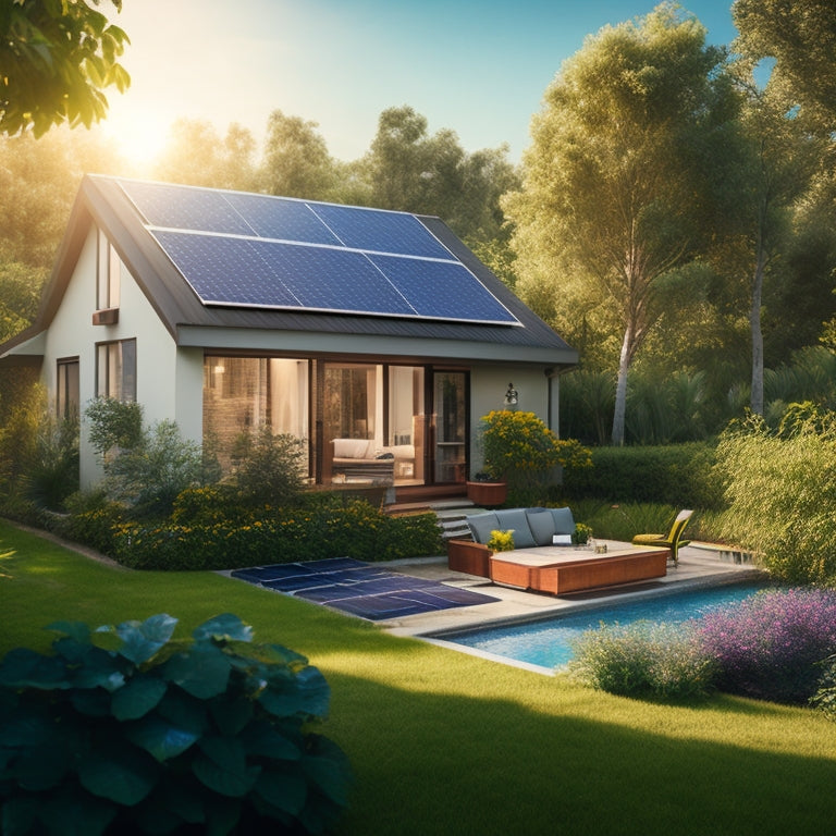 A serene residential backyard with a modern solar panel array on the roof, surrounded by lush greenery, a few fluffy white clouds, and a subtle sunbeam shining down.