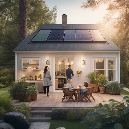A cozy home scene showcasing energy-efficient appliances, solar panels on the roof, lush greenery, smart thermostats, and a family enjoying natural light while using LED bulbs, all in a harmonious, eco-friendly setting.