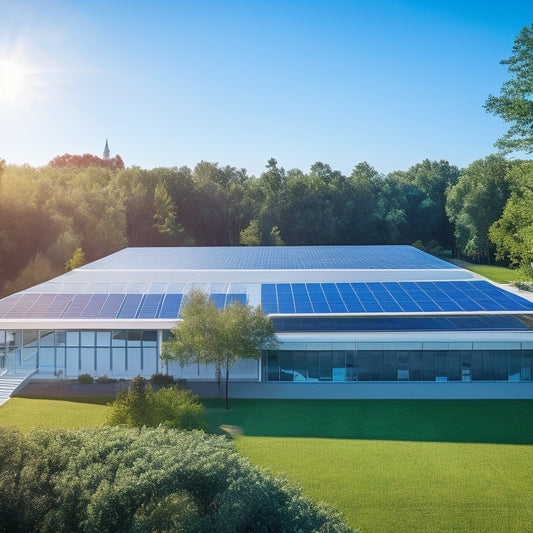 A sleek commercial building with a large, modern solar panel array on its roof, surrounded by green trees and a clear blue sky, showcasing energy efficiency and sustainability in a vibrant business district.