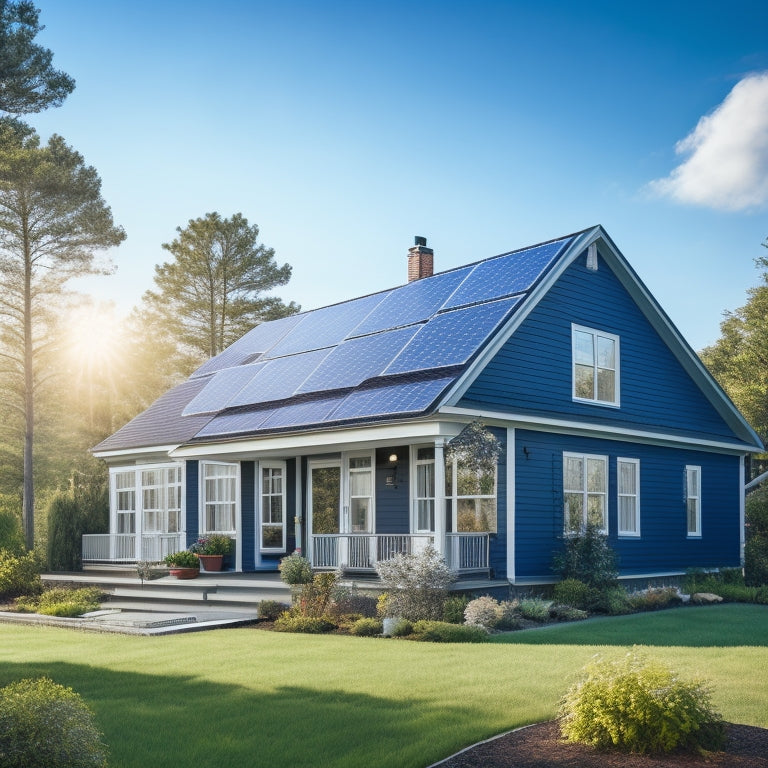 A serene suburban home with a pitched roof, covered in a mix of dark blue and silver solar panels, surrounded by lush greenery and a bright blue sky with fluffy white clouds.