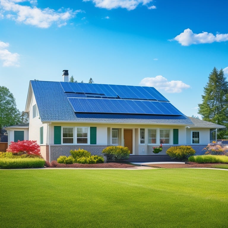 A serene suburban home with a lush green lawn, surrounded by blooming flowers, features a sleek, modern solar panel installation on its rooftop, set against a bright blue sky with a few wispy clouds.