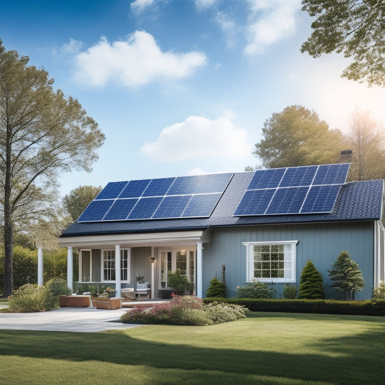 A serene suburban home with a mix of black and silver solar panels installed on the roof, surrounded by lush green trees and a clear blue sky with a few white, puffy clouds.