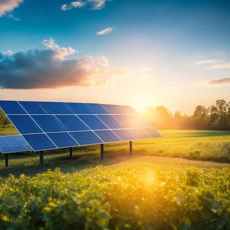 A serene landscape featuring a modern solar panel array amidst lush greenery, with a subtle sun glow in the background and a few wispy clouds scattered across a bright blue sky.