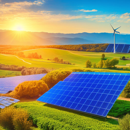 A vibrant landscape featuring innovative solar panels integrated into rooftops, lush green gardens, and wind turbines, all under a bright blue sky, showcasing harmony between technology and nature for sustainable energy solutions.