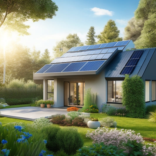 A modern home with sleek solar panels on the roof, surrounded by lush greenery, vibrant flowers, and a blue sky. Include energy-efficient windows, a rainwater collection system, and a small vegetable garden.