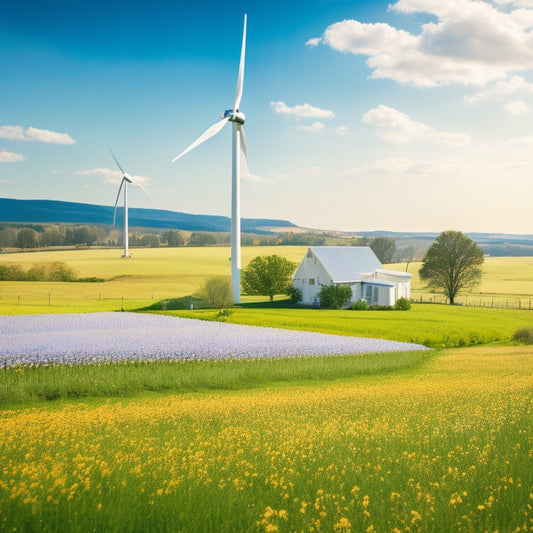 A picturesque rural landscape featuring a vibrant green field, traditional farmhouse with solar panels on the roof, and a clear blue sky. Wildflowers bloom around, and a wind turbine stands in the distance.