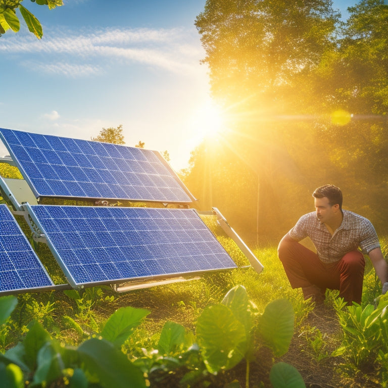 A vibrant solar panel array glistens under a bright sun, surrounded by lush greenery. A technician carefully adjusts the angle of a panel, while a digital display shows optimal energy output in the background.