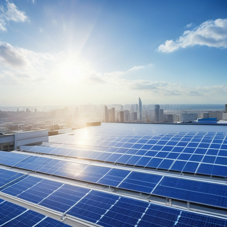 A futuristic rooftop with sleek, silver-framed photovoltaic panels of varying sizes, angled for optimal sunlight absorption, surrounded by a cityscape with a bright blue sky and fluffy white clouds.