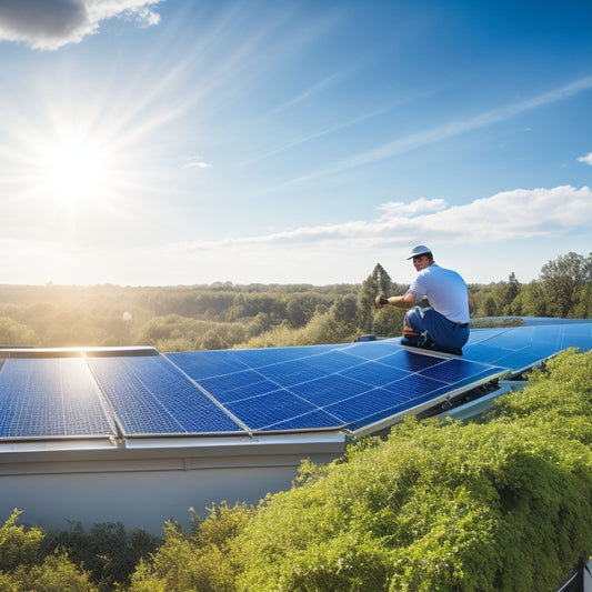 A rooftop adorned with shiny solar panels basking in sunlight, overlooking a lush green garden. A technician carefully secures a panel, while a bright blue sky with fluffy clouds serves as the backdrop.