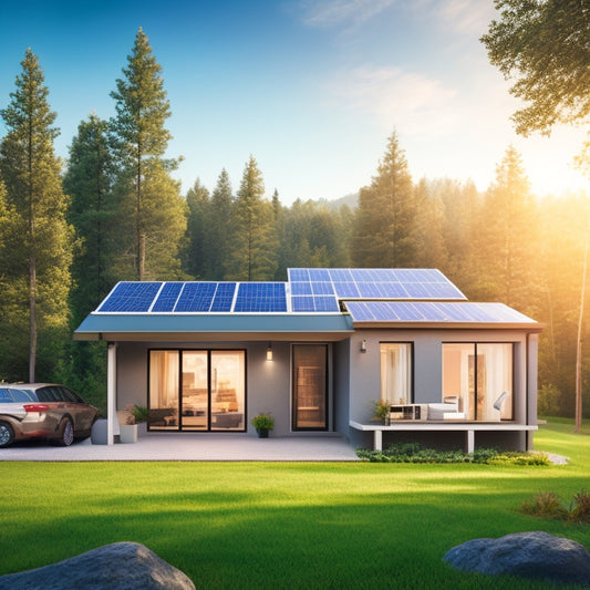 A modern home with solar panels on the roof, connected to a traditional energy meter, surrounded by trees and a bright sun. Show energy flow symbols linking solar energy to appliances inside the house.