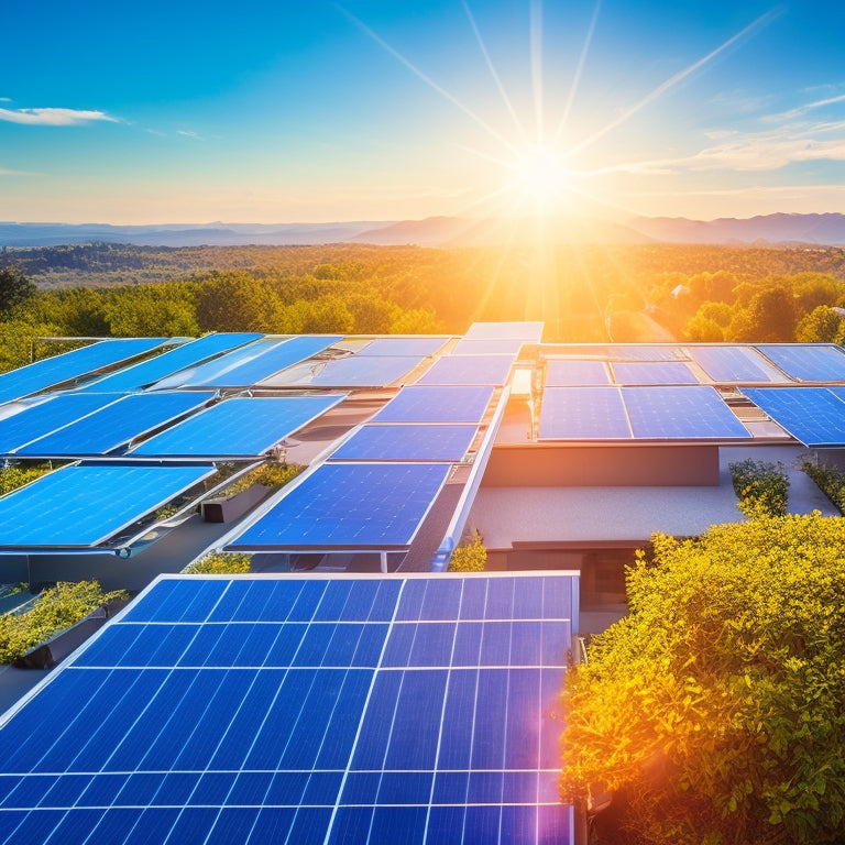 A vibrant rooftop scene showcasing various solar panels under bright sunlight, each brand distinctly designed, with efficiency ratings visually represented through glowing meters and colorful graphs, surrounded by lush greenery and a clear blue sky.