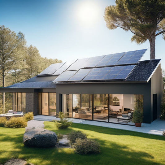 A modern home with sleek, black solar panels on the roof, surrounded by vibrant greenery, sun shining brightly, and a clear blue sky. Include energy-efficient appliances visible through large windows.