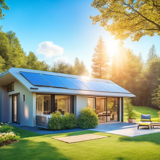 A modern home with sleek solar panels on the roof, a stylish battery storage unit in the garden, surrounded by lush greenery, sunlight shining down, and a clear blue sky in the background.