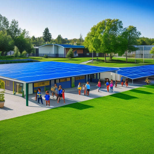 A vibrant schoolyard featuring solar panels atop the roof, children engaged in outdoor learning, lush green trees, a sunny sky, and a nearby garden, showcasing a sustainable, eco-friendly environment.