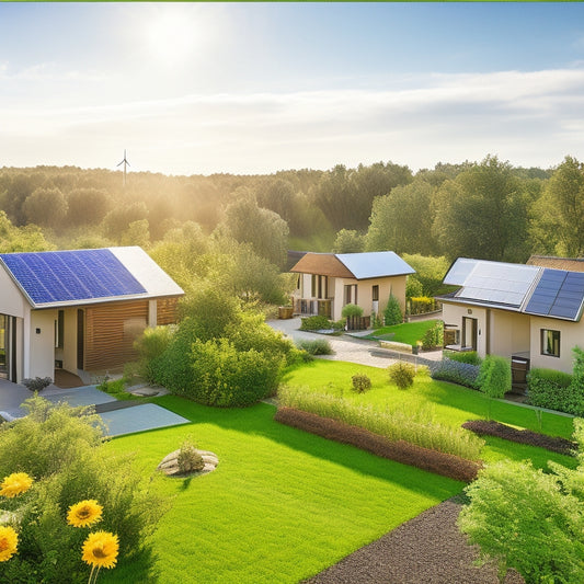 A vibrant eco-village with sleek solar panels integrated into modern homes, surrounded by lush greenery, urban gardens, and wind turbines, all bathed in warm sunlight, showcasing a harmonious blend of technology and nature.