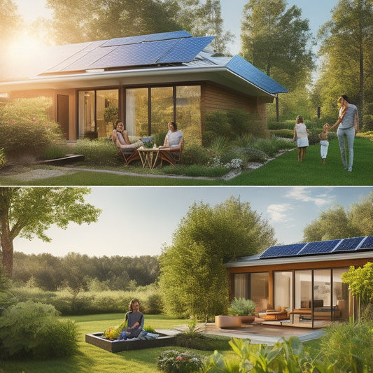 A sun-drenched eco-home with solar panels on the roof, surrounded by lush greenery, a vegetable garden, and a happy family enjoying outdoor activities, showcasing sustainability and energy savings in a vibrant, inviting atmosphere.