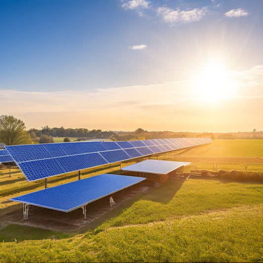 A vibrant solar farm with gleaming panels under a clear blue sky, surrounded by green fields. In the foreground, a family installs solar panels on their home, symbolizing community engagement and sustainability.