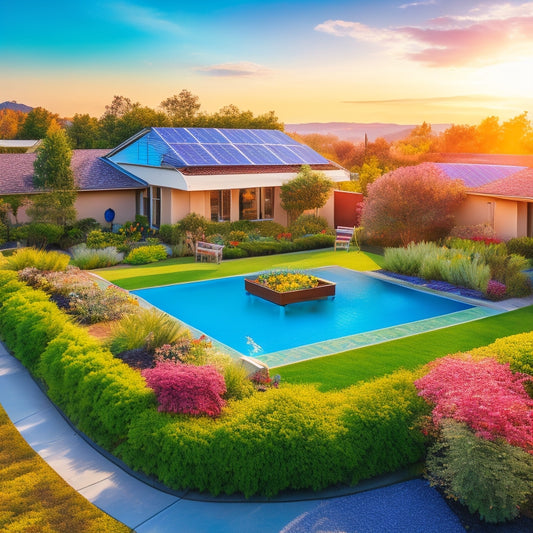A serene suburban landscape featuring solar panels on rooftops, vibrant gardens with native plants, a clear blue sky, and birds flying overhead, symbolizing harmony between eco-friendly technology and nature.