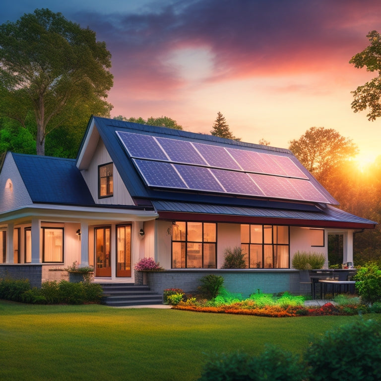 A serene suburban home with a newly installed solar panel system on the roof, surrounded by lush greenery, with a subtle sunrise glow in the background, highlighting the panels' sleek design.