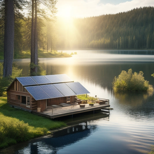 A serene landscape featuring a remote business with a rustic wooden cabin, surrounded by lush greenery, solar panels on the roof, a clear blue sky, and a tranquil lake reflecting the sunlight.
