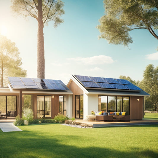 A modern home with solar panels on the roof, surrounded by lush greenery, wind turbines in the background, and a bright sun shining down, illustrating a sustainable lifestyle and eco-friendly energy solutions.