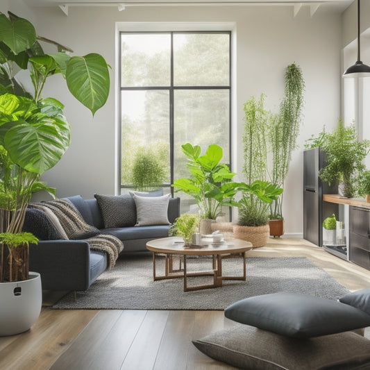 A modern home interior showcasing a sleek, energy-efficient HVAC system with digital thermostats, vibrant green plants, sunlight streaming through large windows, and a cozy living space emphasizing comfort and sustainability.