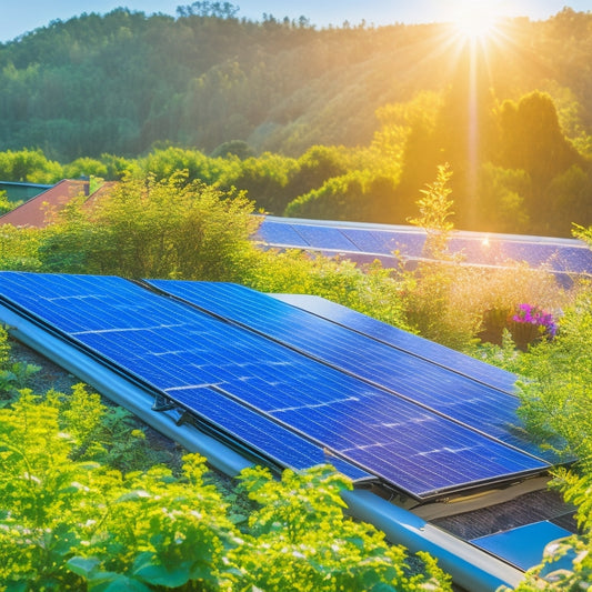A vibrant solar panel installation on a rooftop garden, surrounded by lush greenery and thriving plants, with a bright sun shining overhead, symbolizing sustainability and eco-friendly business practices.