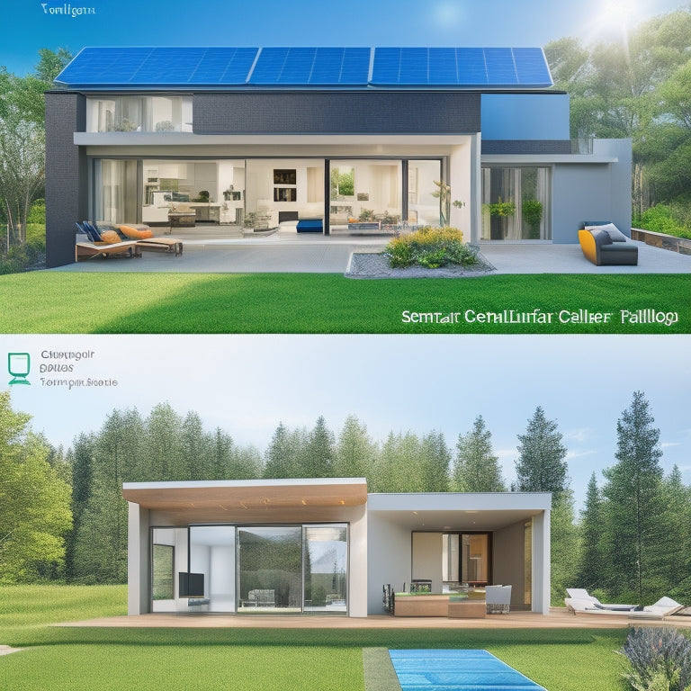 A modern, eco-friendly home with solar panels, smart thermostats, and energy-efficient appliances. Display vibrant greenery, electric vehicle charging, and a digital interface showing energy consumption trends, all bathed in warm, natural sunlight.
