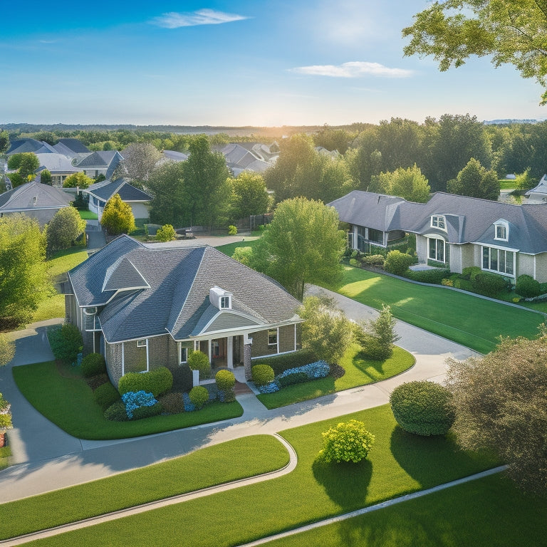 A serene suburban neighborhood with rooftops adorned with sleek, black solar panels, surrounded by lush green trees and a bright blue sky with a few puffy white clouds.