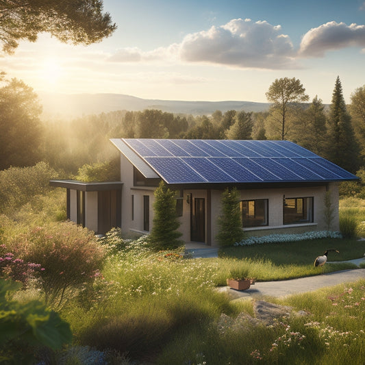 A sunlit landscape featuring sleek solar panels on rooftops, surrounded by lush greenery, blooming wildflowers, and a clear sky. Birds soar above, while a small, eco-friendly home blends harmoniously into the environment.