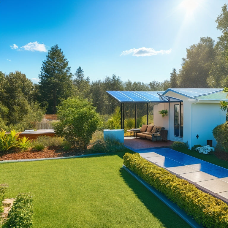 A serene, sunny backyard with a modern, sleek, and silver solar panel installation on a rooftop, surrounded by lush greenery and a few fluffy white clouds in a bright blue sky.