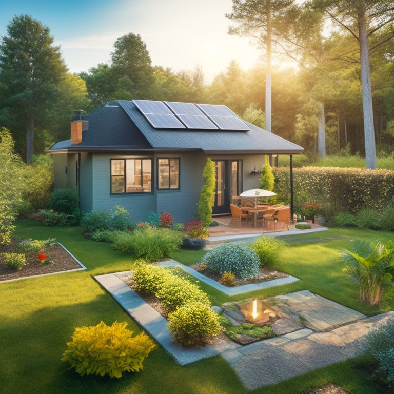 A serene backyard scene with a small, modern house, a partially installed solar panel array on the roof, and a few scattered tools and materials around the yard, surrounded by lush greenery.