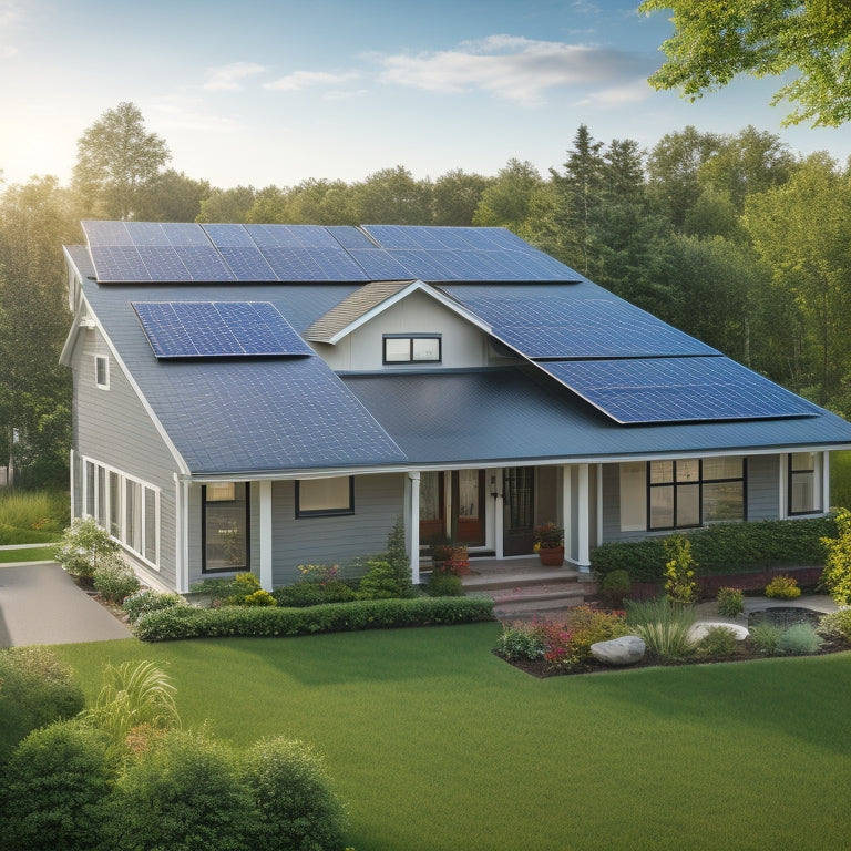 A serene suburban home with a mix of angled and flat rooftops, surrounded by lush greenery, with various solar panels installed, showcasing different sizes, shapes, and mounting systems.