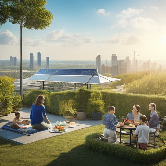A sunlit rooftop adorned with sleek solar panels, surrounded by lush greenery, with a family enjoying a picnic below. In the background, a city skyline reflects sustainability, showcasing wind turbines and electric cars.
