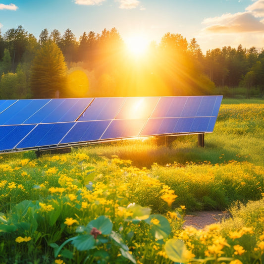 A serene landscape with solar panels gleaming under a bright sun, surrounded by lush greenery, colorful wildflowers, and a clear blue sky, showcasing eco-friendly tools and a person gently cleaning the panels.