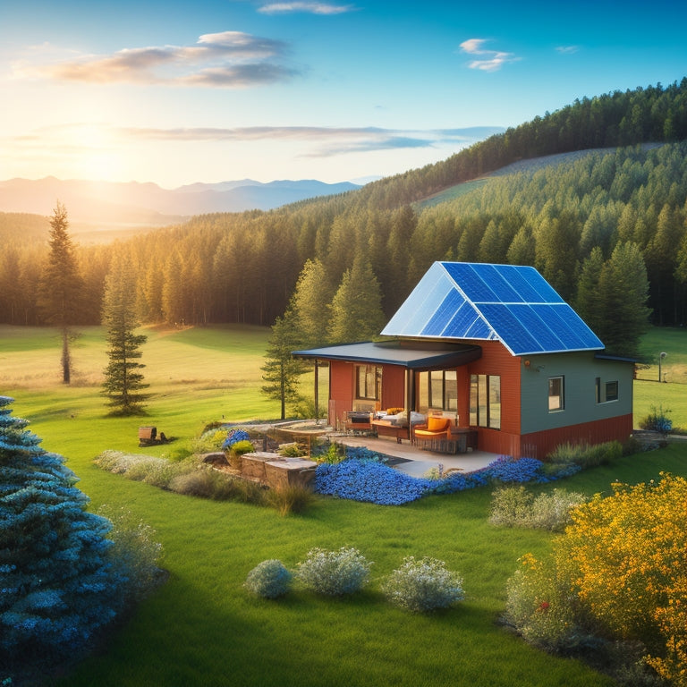 A serene landscape featuring a modern off-grid solar installation with solar panels on rooftops, a wind turbine, lush greenery, and a cozy cabin, under a clear blue sky, showcasing harmony with nature.