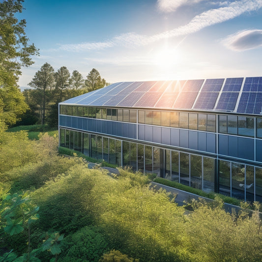 A modern building adorned with large, sleek, energy-efficient windows reflecting sunlight, surrounded by lush greenery, showcasing solar panels on the roof, and a serene blue sky in the background, emphasizing sustainability.