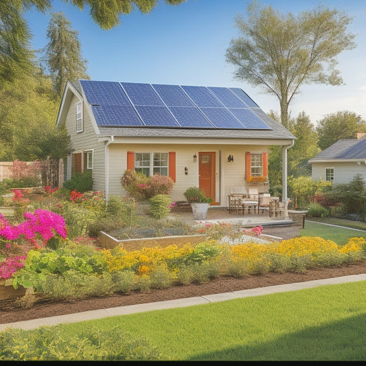 A sunny suburban home with solar panels on the roof, a small wind turbine in the yard, and a thriving vegetable garden. Vibrant greenery surrounds the property, showcasing sustainability and eco-friendly living.