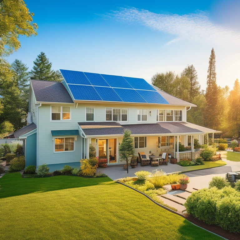 A serene suburban home with a mix of sunny and shaded areas, featuring a rooftop with various solar panel configurations and a backyard with different types of inverters and mounting systems.