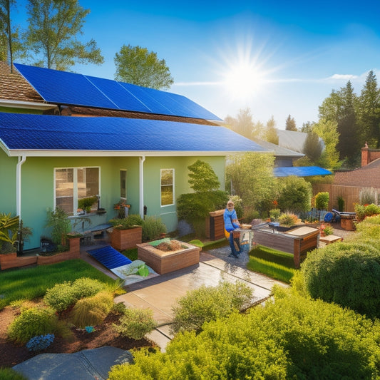 A sunlit backyard with a homeowner installing solar panels on a sloped roof, surrounded by tools, a ladder, and a bright blue sky. Green trees and a small garden complete the eco-friendly scene.