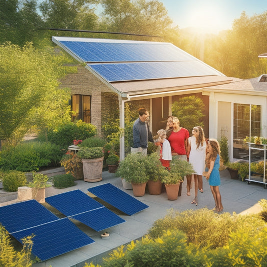 A sun-drenched rooftop adorned with solar panels, surrounded by green trees and a vibrant garden. In the background, a family joyfully discusses energy savings, with charts and dollar signs subtly integrated into the scene.