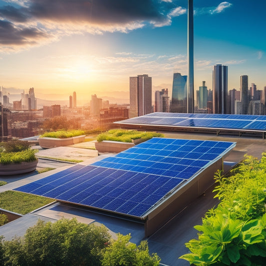 A vibrant urban rooftop covered with sleek solar panels, surrounded by lush green plants, with city skyscrapers in the background. Sunlight glistens off the panels, highlighting a harmonious blend of nature and technology.