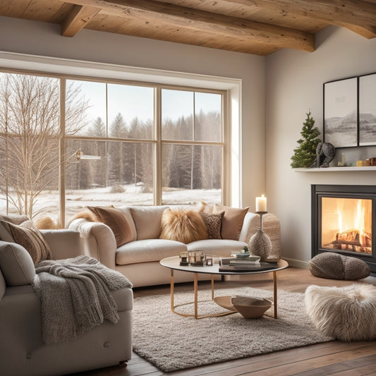 A cozy living room showcasing various insulation materials: fluffy fiberglass batts, sleek spray foam, and eco-friendly cellulose, all beside windows showing seasonal changes, with a warm glow from a fireplace hinting at energy efficiency.