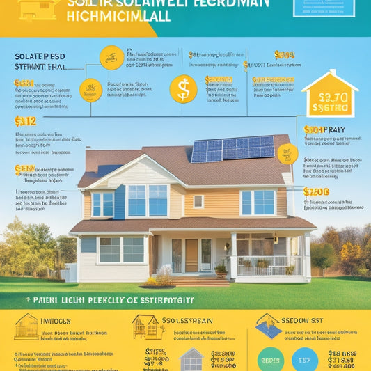 A detailed infographic displaying a solar panel installation cost breakdown, featuring pie charts, icons for labor, equipment, permits, and incentives, set against a backdrop of a sunny suburban home with solar panels on the roof.