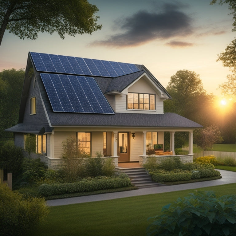 A serene suburban home with solar panels on the roof, surrounded by lush greenery, with a faint sun glow in the background, and a subtle electrical grid connection visible.