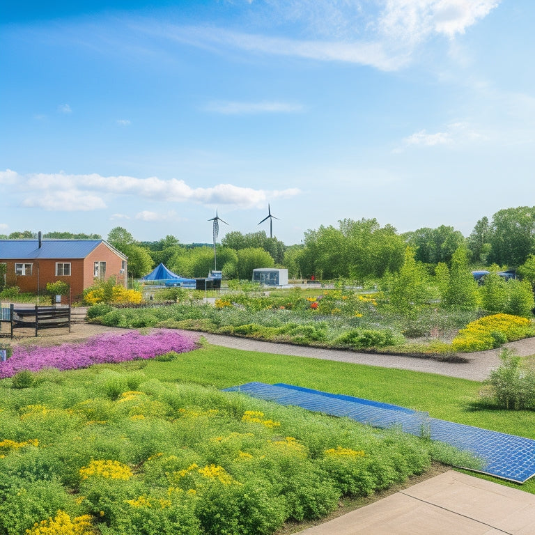 A vibrant community garden surrounded by solar panels, wind turbines, and colorful murals, showcasing diverse people of all ages collaborating, planting, and enjoying nature, under a bright blue sky filled with fluffy white clouds.