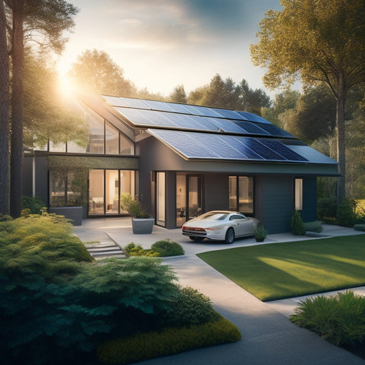 A modern home with solar panels on the roof, surrounded by lush greenery, showcasing a sleek solar battery system in a well-lit garage, with sunlight streaming through windows, emphasizing energy efficiency and sustainability.