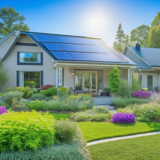 A sunlit suburban home with sleek solar panels on the roof, surrounded by lush greenery, vibrant flowers, and a clear blue sky, showcasing eco-friendly features like a rainwater barrel and a small vegetable garden.