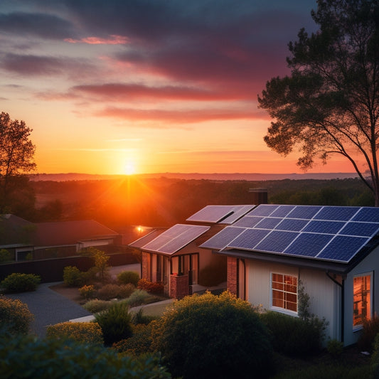 A serene landscape featuring solar panels on rooftops, with a vibrant sunset in the background. In the foreground, a sleek battery storage unit glows subtly, surrounded by lush greenery and a peaceful neighborhood atmosphere.